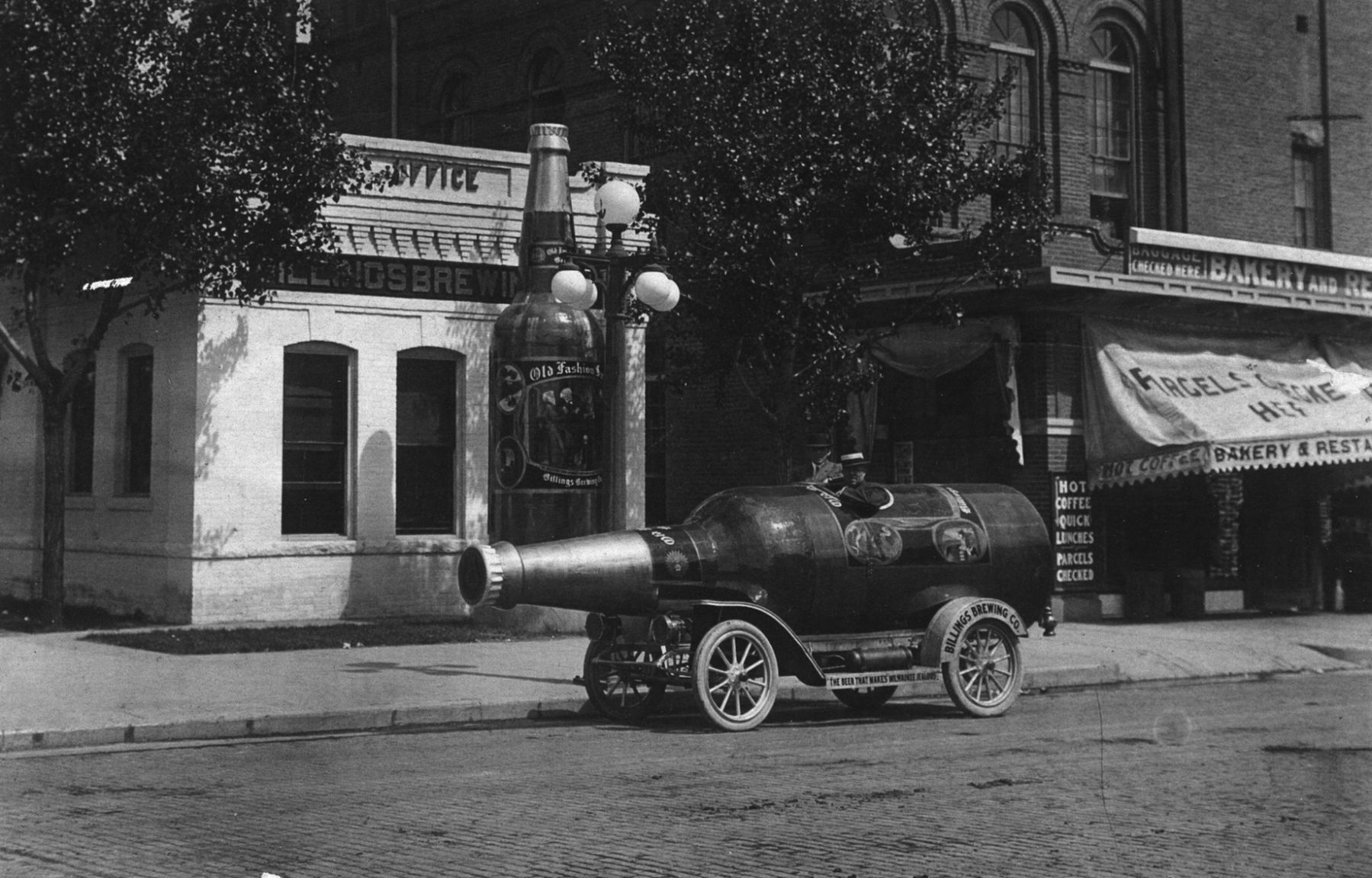 Bottle car parked by Billings Brewery office